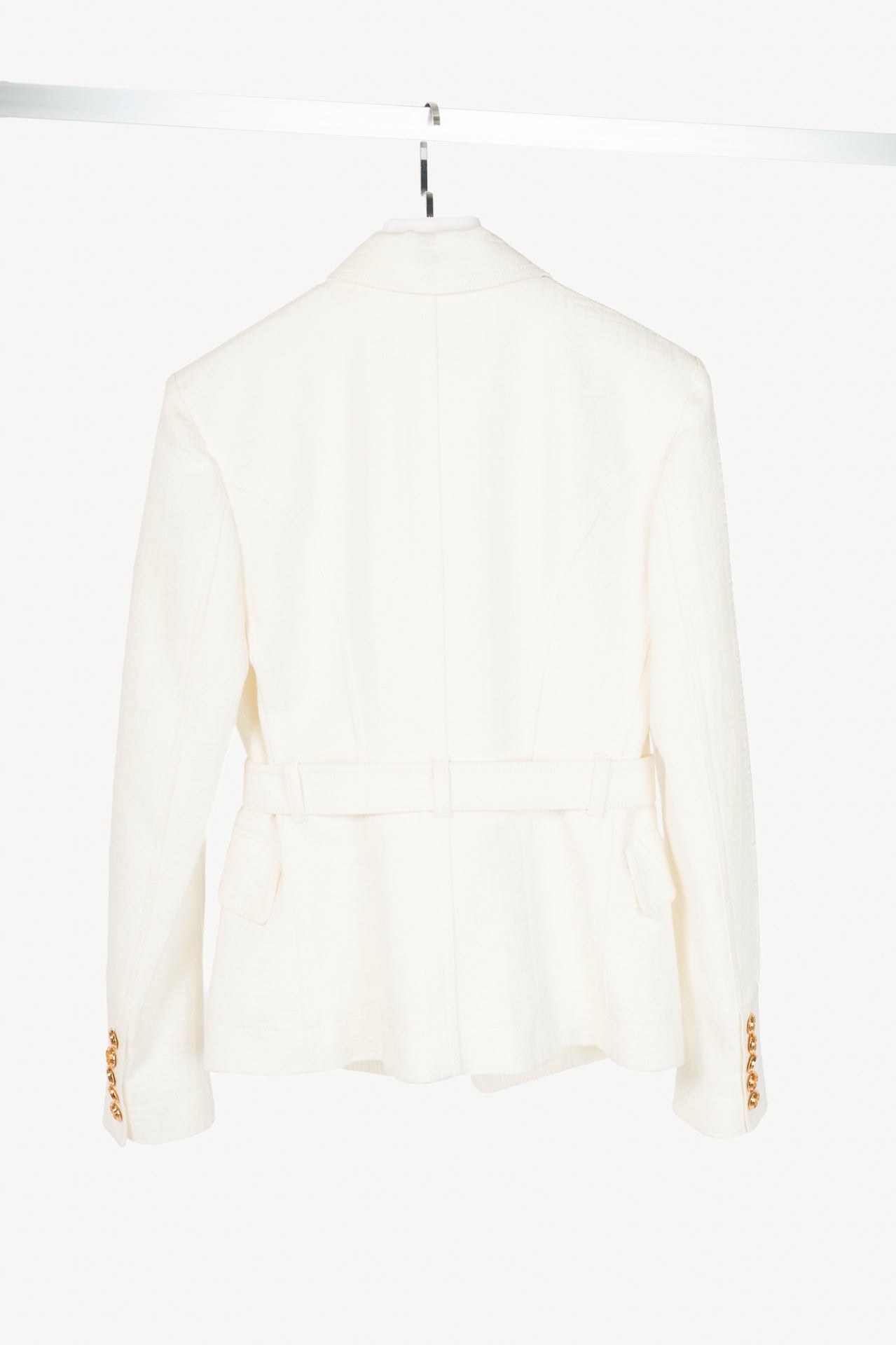 Balmain White Belted Monogram Denim Blazer