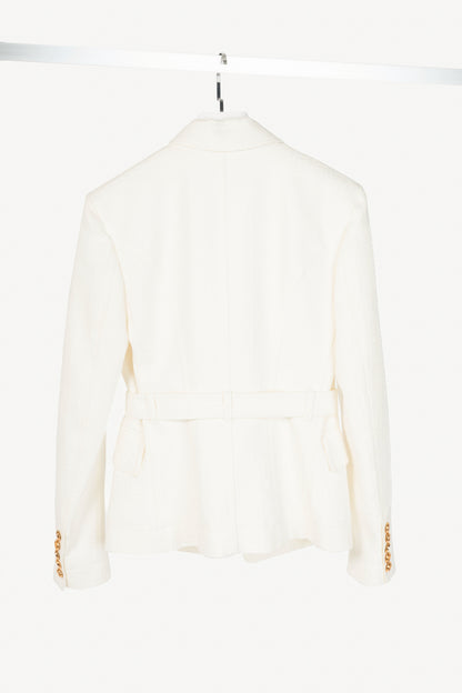 Balmain White Belted Monogram Denim Blazer