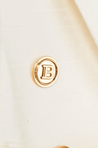 Balmain White Belted Monogram Denim Blazer
