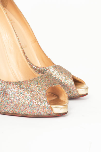 Christian Louboutin Mini Titi 100 Gold Glitter Peep-Toe Heels