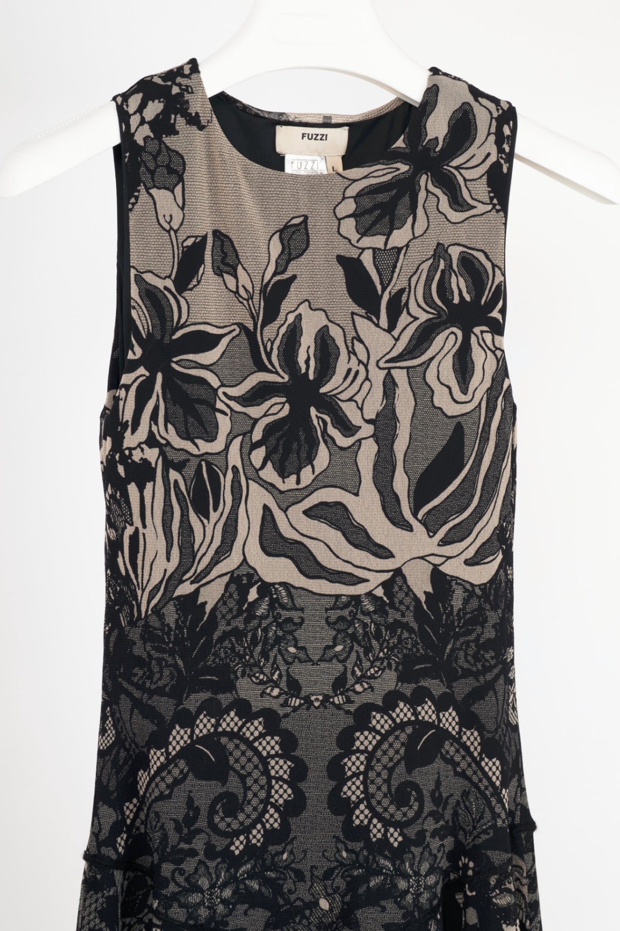 Fuzzi Black Lace-Print Mesh A-Line Midi Dress