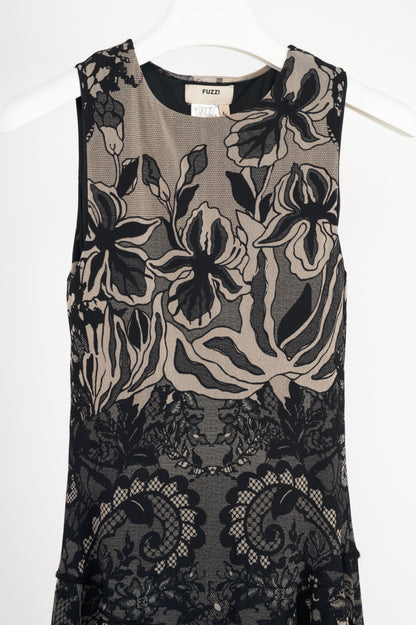 Fuzzi Black Lace-Print Mesh A-Line Midi Dress