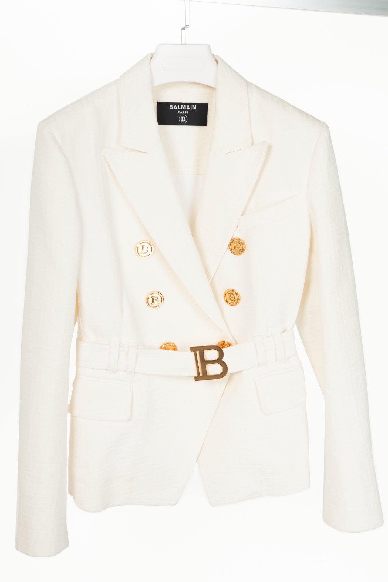 Balmain White Belted Monogram Denim Blazer