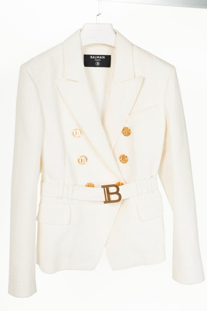 Balmain White Belted Monogram Denim Blazer