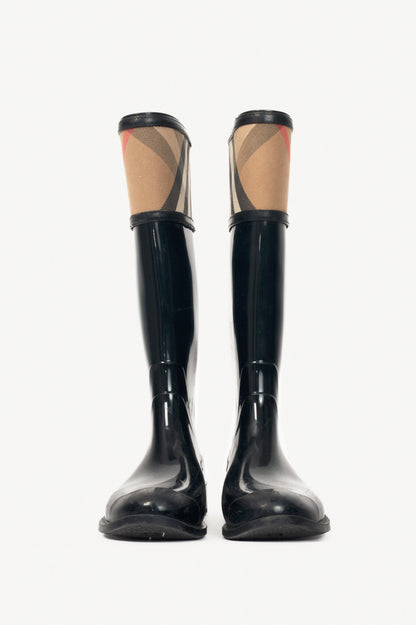 Burberry Crosshill Black House-Check-Trim Rubber Rain Boots
