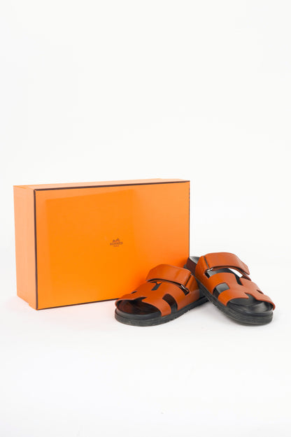 Hermes Chypre Brown Leather H-Motif Mule Sandals