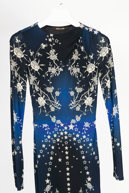 Roberto Cavalli PF15 Blue & Black Star-Print Bodycon Dress