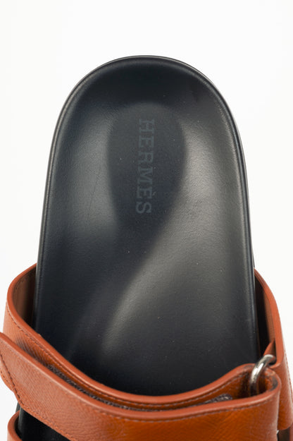 Hermes Chypre Brown Leather H-Motif Mule Sandals