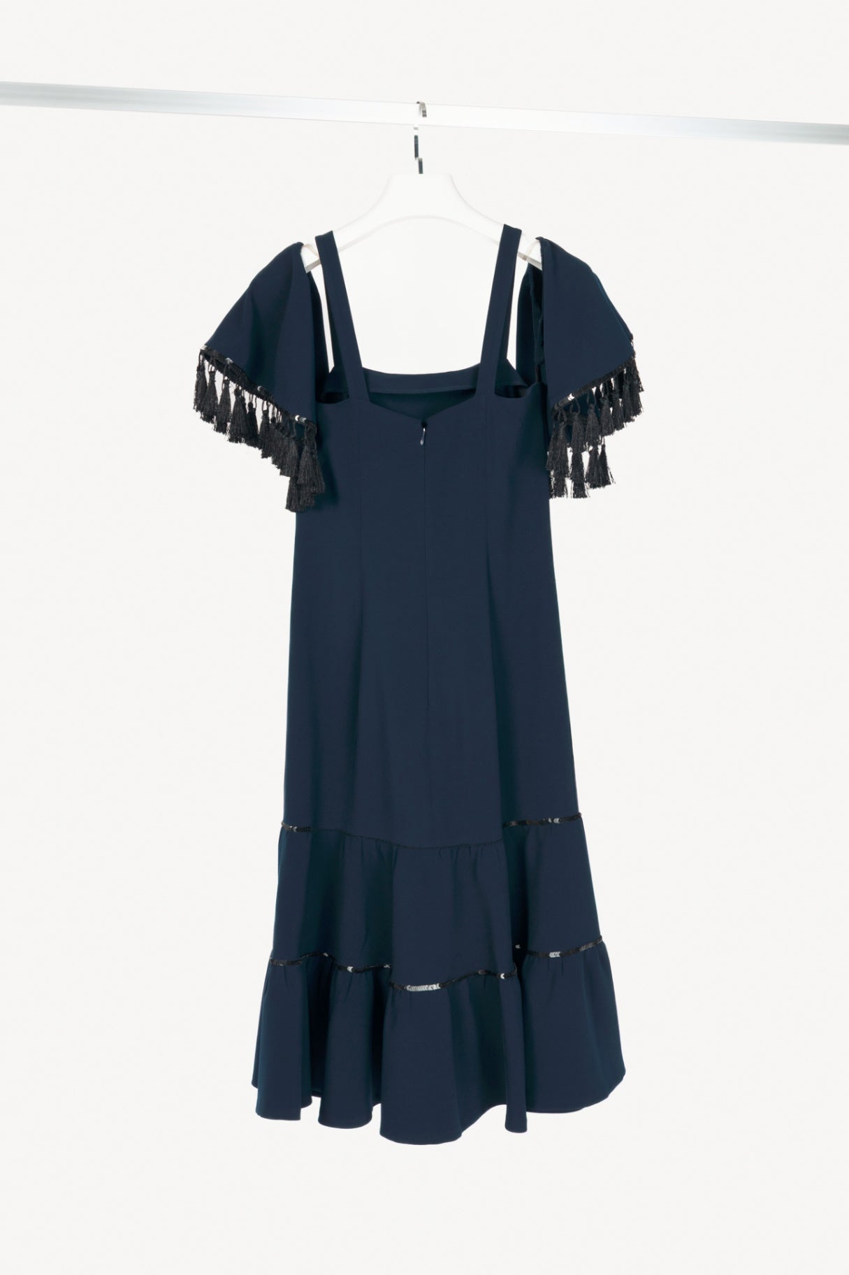 Sachin & Babi Navy Crepe Sequin Tassel Mermaid Midi Dress