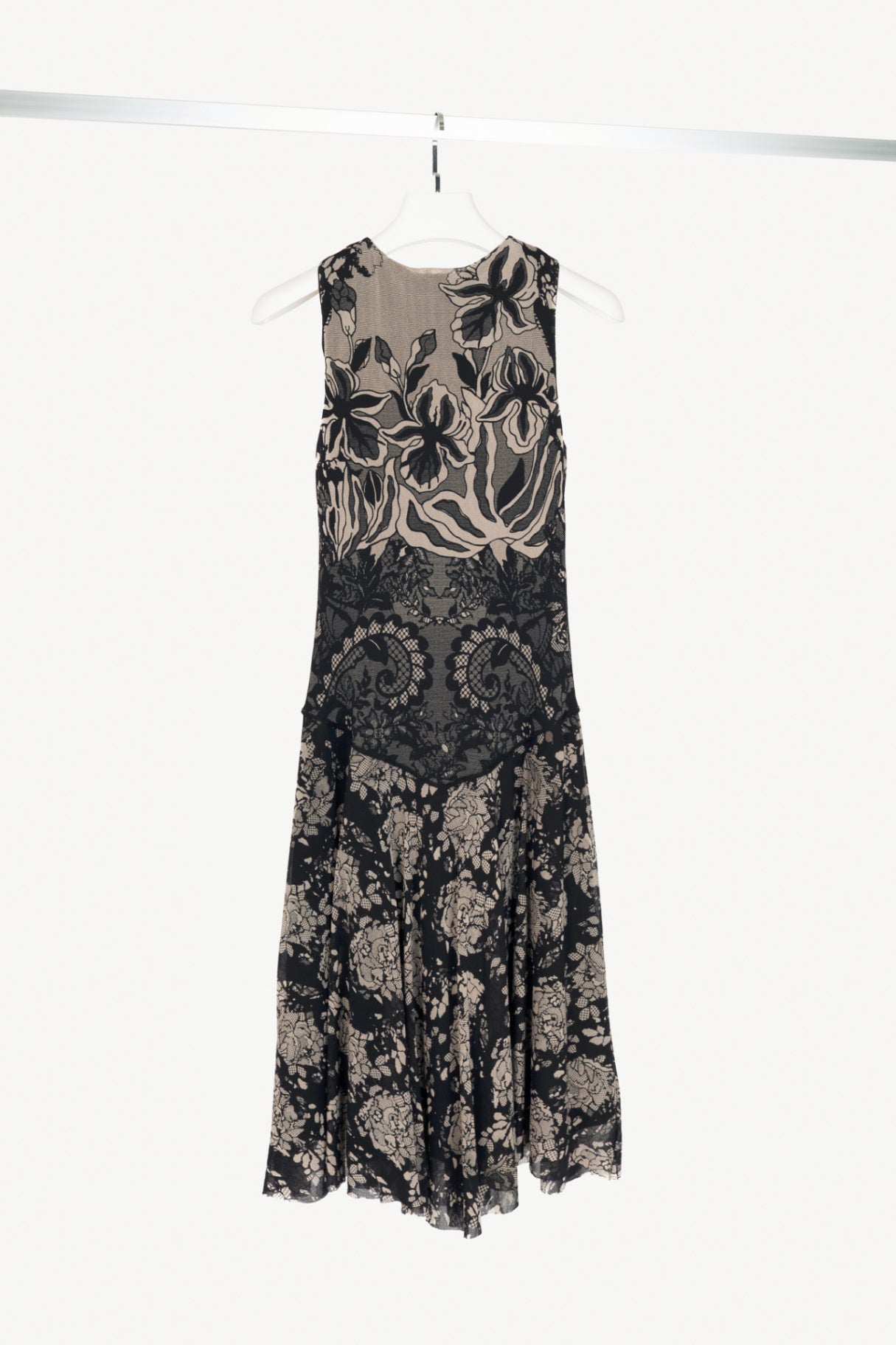 Fuzzi Black Lace-Print Mesh A-Line Midi Dress