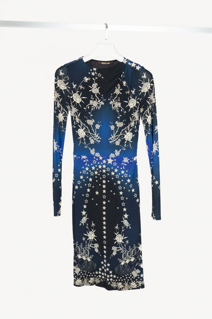 Roberto Cavalli PF15 Blue & Black Star-Print Bodycon Dress