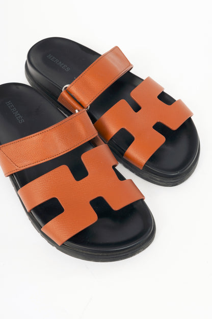 Hermes Chypre Brown Leather H-Motif Mule Sandals