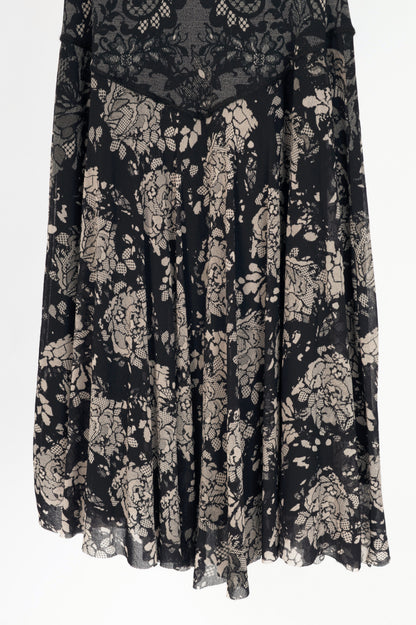 Fuzzi Black Lace-Print Mesh A-Line Midi Dress
