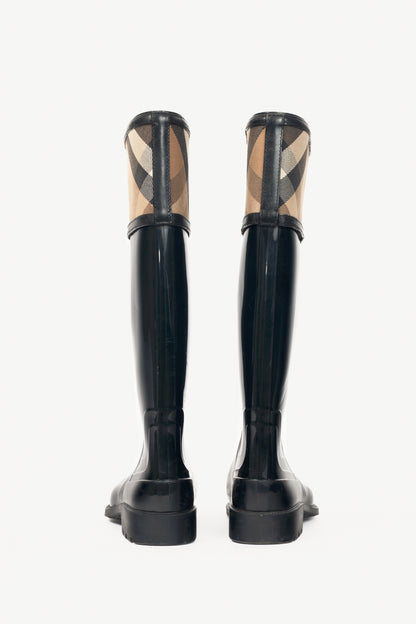 Burberry Crosshill Black House-Check-Trim Rubber Rain Boots