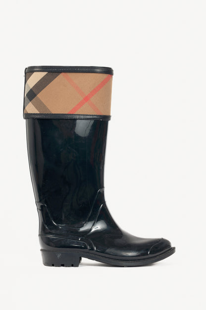 Burberry Crosshill Black House-Check-Trim Rubber Rain Boots