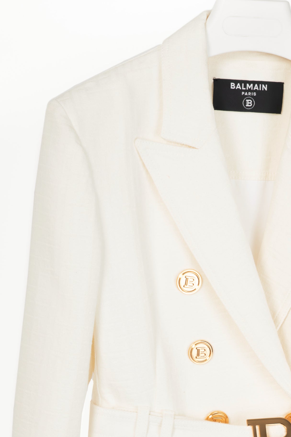 Balmain White Belted Monogram Denim Blazer