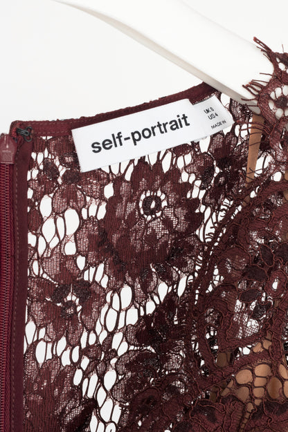 Self-Portrait AW25 Burgundy Floral Lace Midi Dress