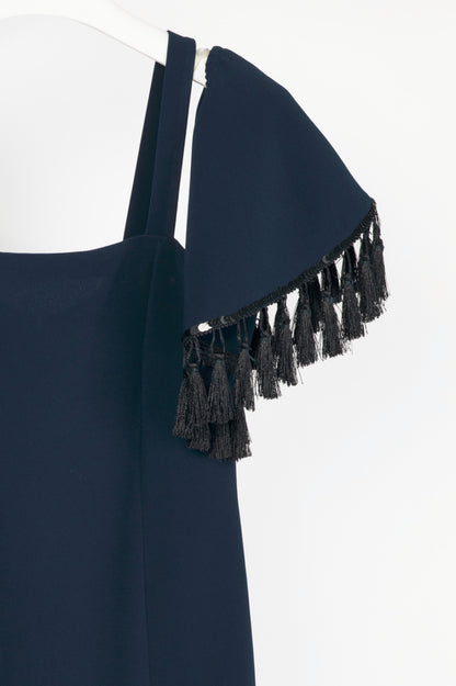 Sachin & Babi Navy Crepe Sequin Tassel Mermaid Midi Dress