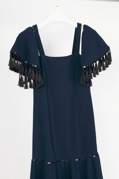 Sachin & Babi Navy Crepe Sequin Tassel Mermaid Midi Dress