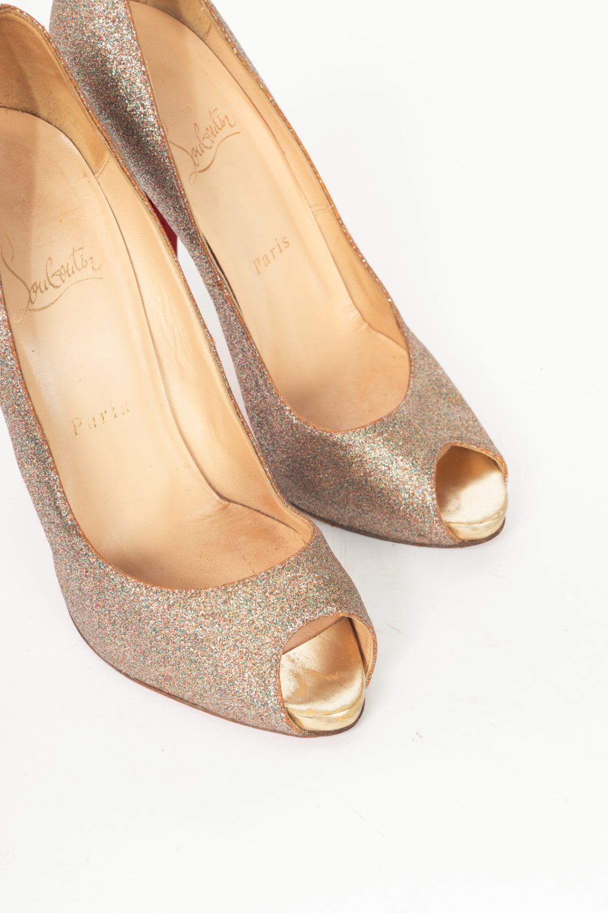 Christian Louboutin Mini Titi 100 Gold Glitter Peep-Toe Heels