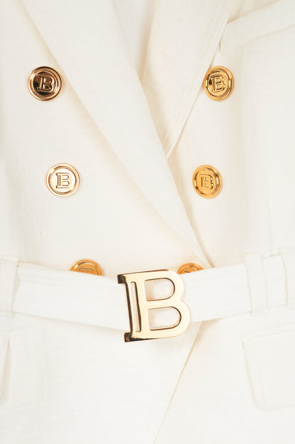 Balmain White Belted Monogram Denim Blazer