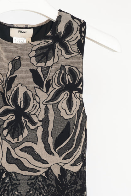 Fuzzi Black Lace-Print Mesh A-Line Midi Dress