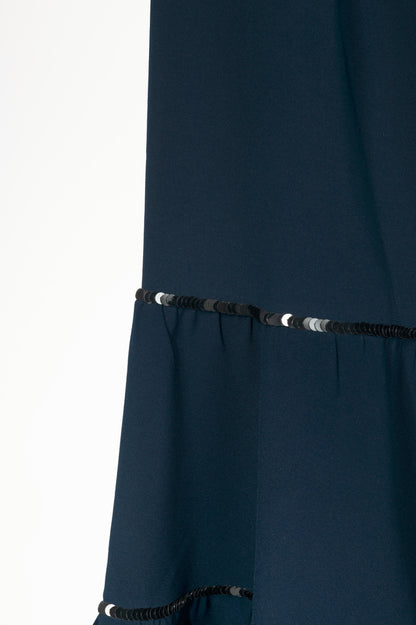 Sachin & Babi Navy Crepe Sequin Tassel Mermaid Midi Dress