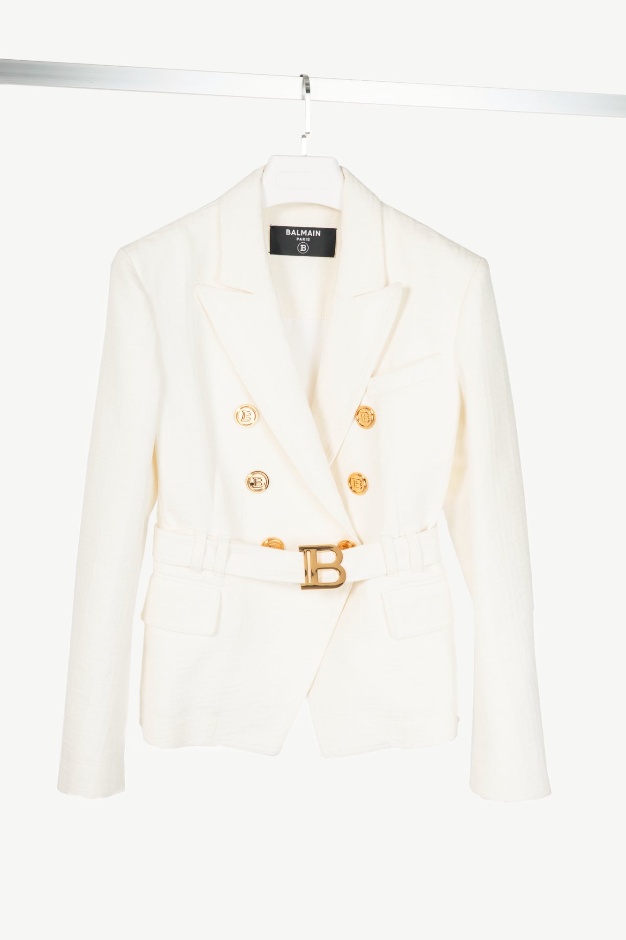 Balmain White Belted Monogram Denim Blazer