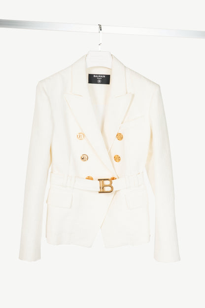 Balmain White Belted Monogram Denim Blazer
