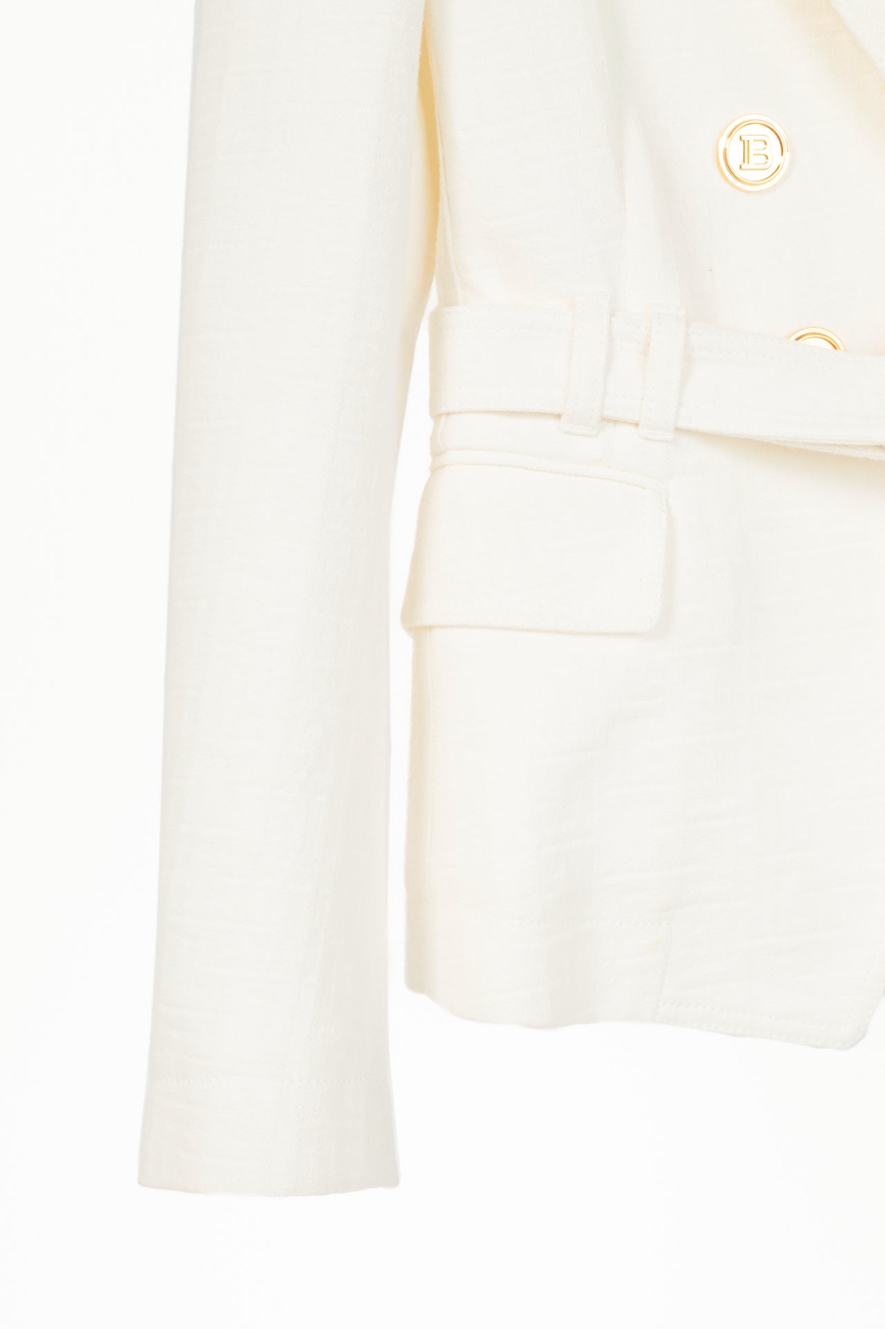 Balmain White Belted Monogram Denim Blazer