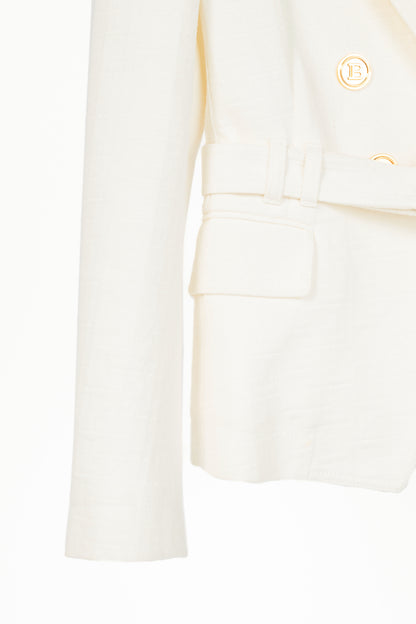 Balmain White Belted Monogram Denim Blazer