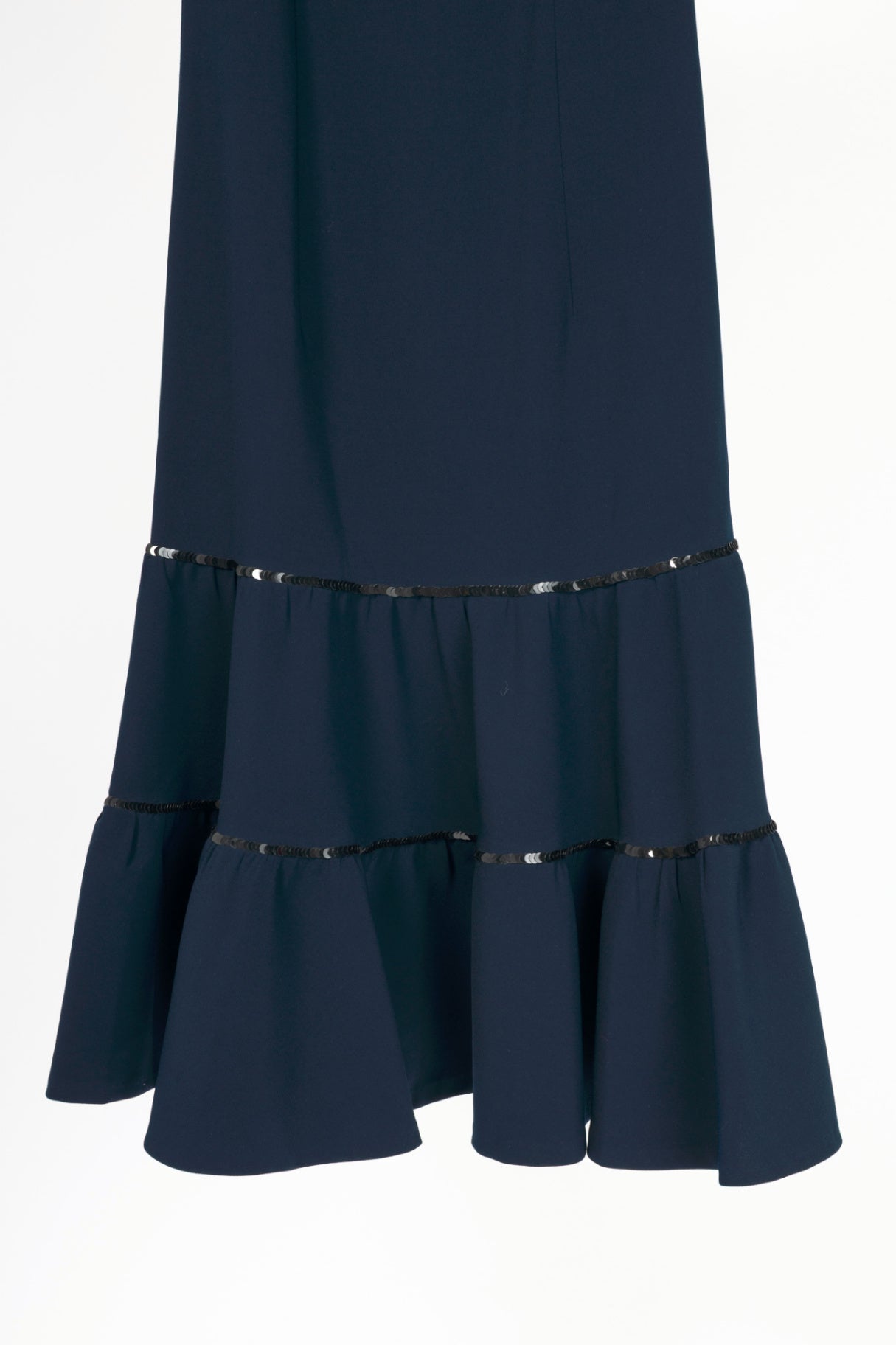Sachin & Babi Navy Crepe Sequin Tassel Mermaid Midi Dress
