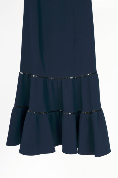 Sachin & Babi Navy Crepe Sequin Tassel Mermaid Midi Dress