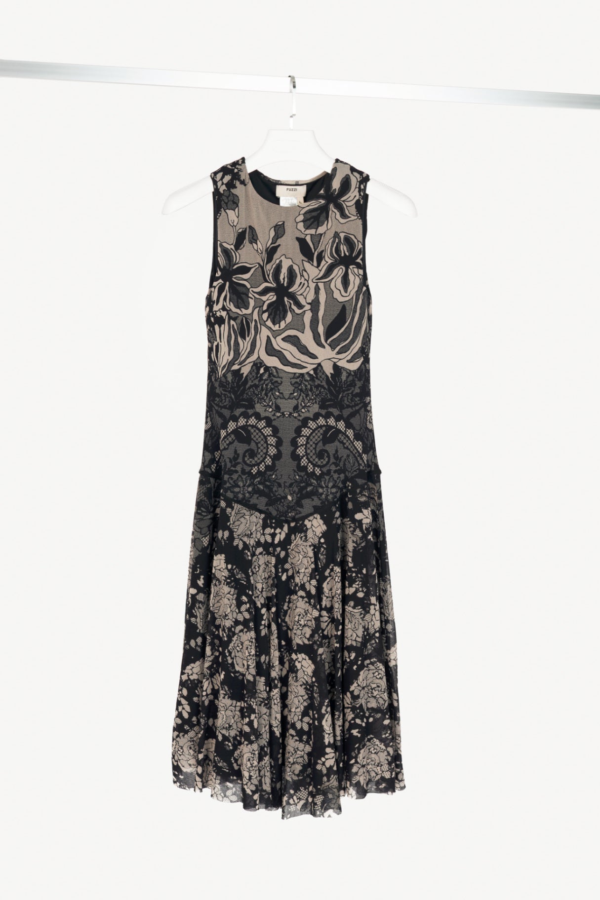 Fuzzi Black Lace-Print Mesh A-Line Midi Dress