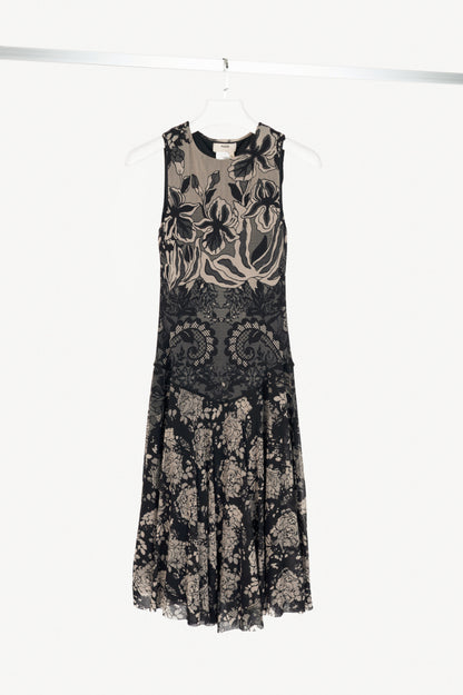 Fuzzi Black Lace-Print Mesh A-Line Midi Dress
