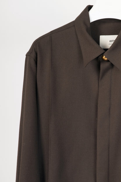 AMI AW24 Runway Dark Coffee Wool Gabardine Pintuck Shirt