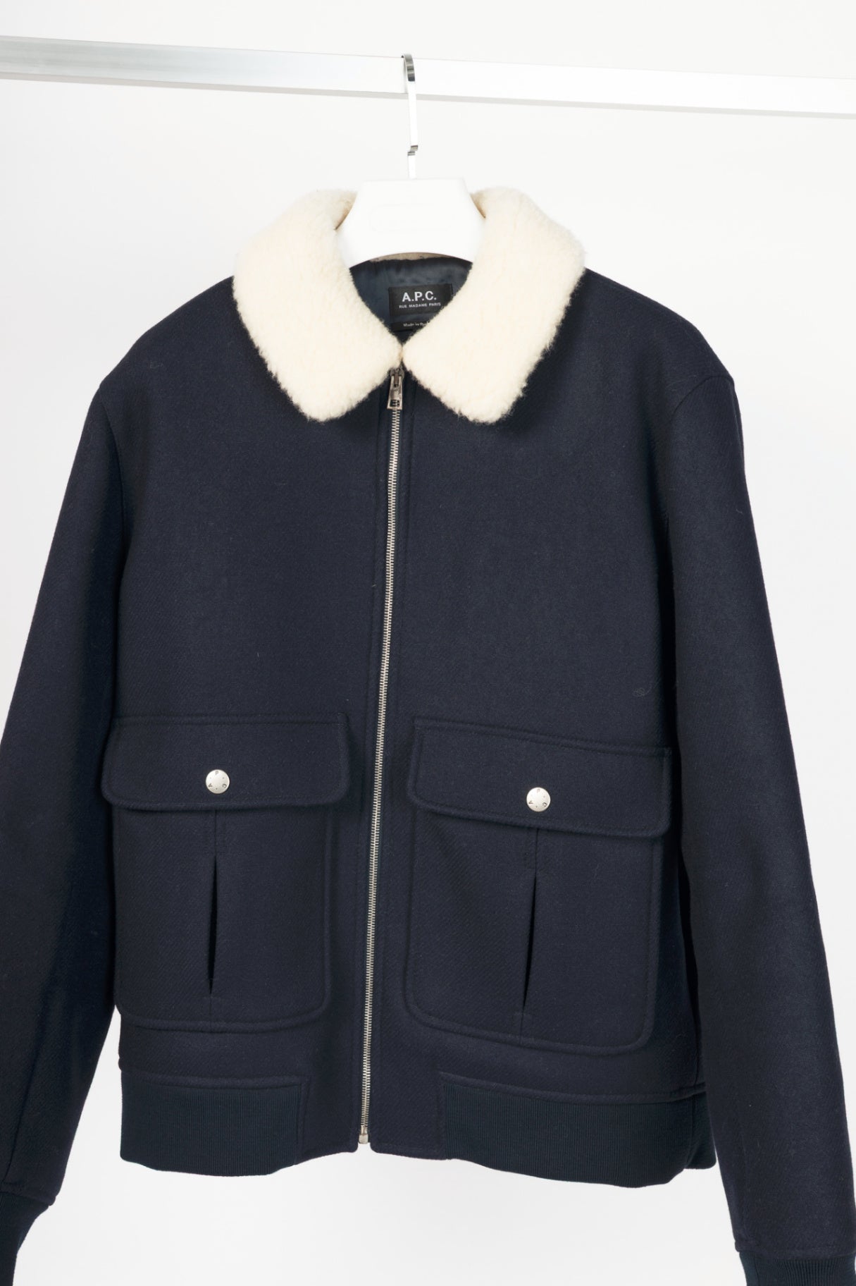 A.P.C. Ben Dark Navy Shearling-Trimmed Wool-Blend Blouson Jacket