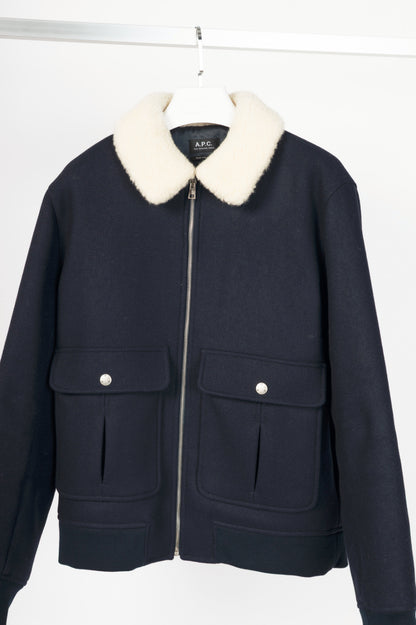 A.P.C. Ben Dark Navy Shearling-Trimmed Wool-Blend Blouson Jacket
