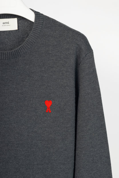 AMI Grey Wool Embroidered-Logo Crewneck Sweater
