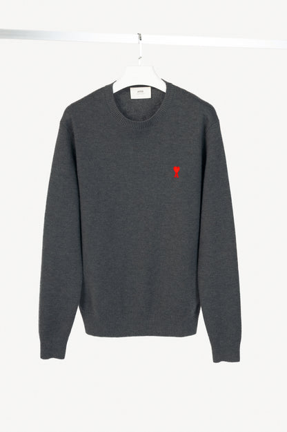 AMI Grey Wool Embroidered-Logo Crewneck Sweater