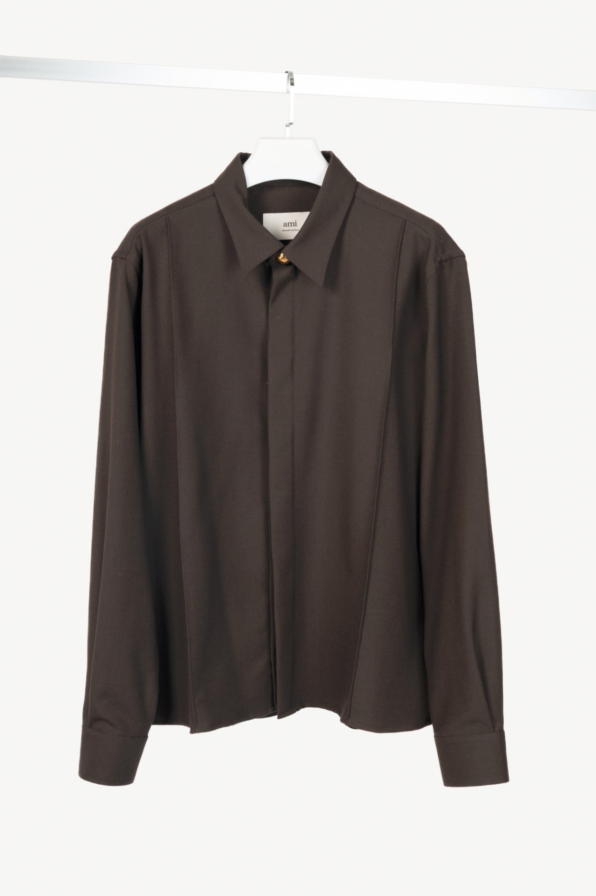 AMI AW24 Runway Dark Coffee Wool Gabardine Pintuck Shirt