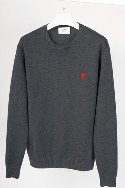 AMI Grey Wool Embroidered-Logo Crewneck Sweater