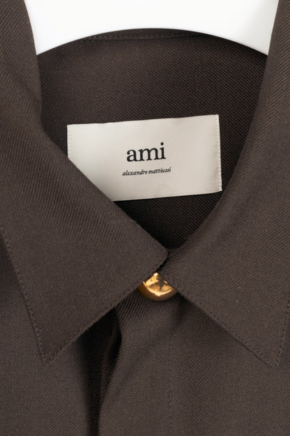 AMI AW24 Runway Dark Coffee Wool Gabardine Pintuck Shirt