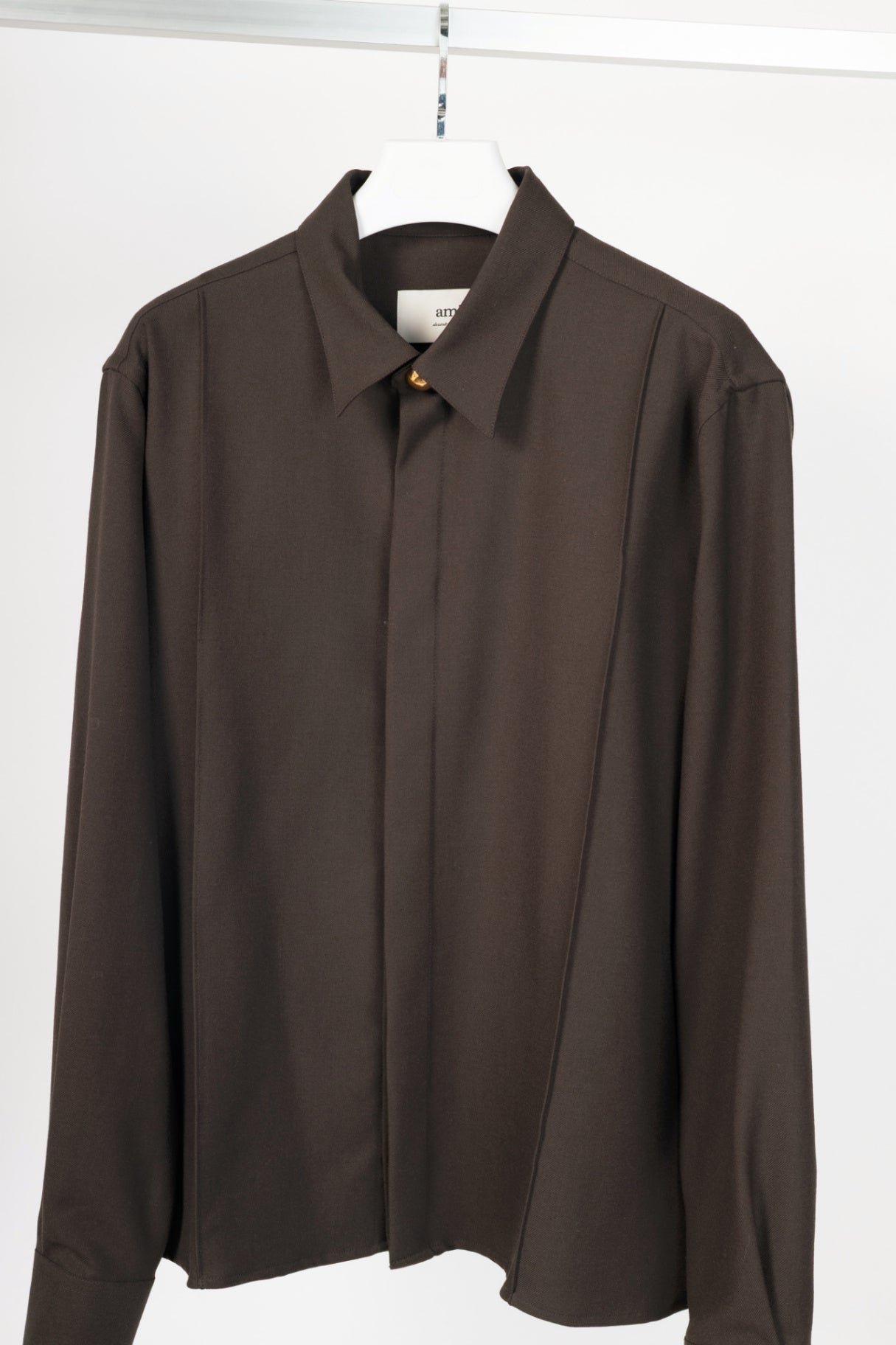 AMI AW24 Runway Dark Coffee Wool Gabardine Pintuck Shirt