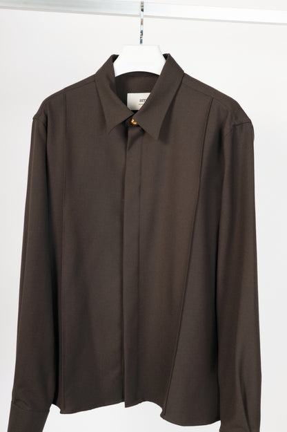 AMI AW24 Runway Dark Coffee Wool Gabardine Pintuck Shirt
