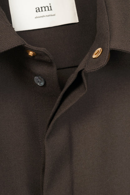 AMI AW24 Runway Dark Coffee Wool Gabardine Pintuck Shirt