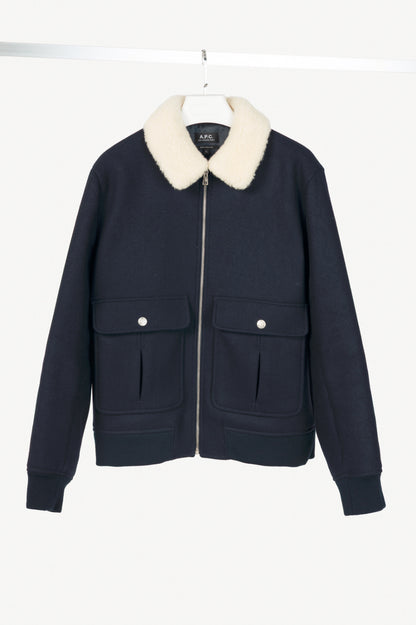 A.P.C. Ben Dark Navy Shearling-Trimmed Wool-Blend Blouson Jacket