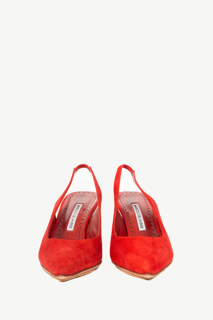 Manolo Blahnik Paledarc 70 Bright Red Suede Slingback Pointed-Toe Pumps