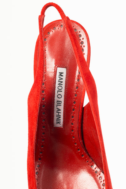 Manolo Blahnik Paledarc 70 Bright Red Suede Slingback Pointed-Toe Pumps