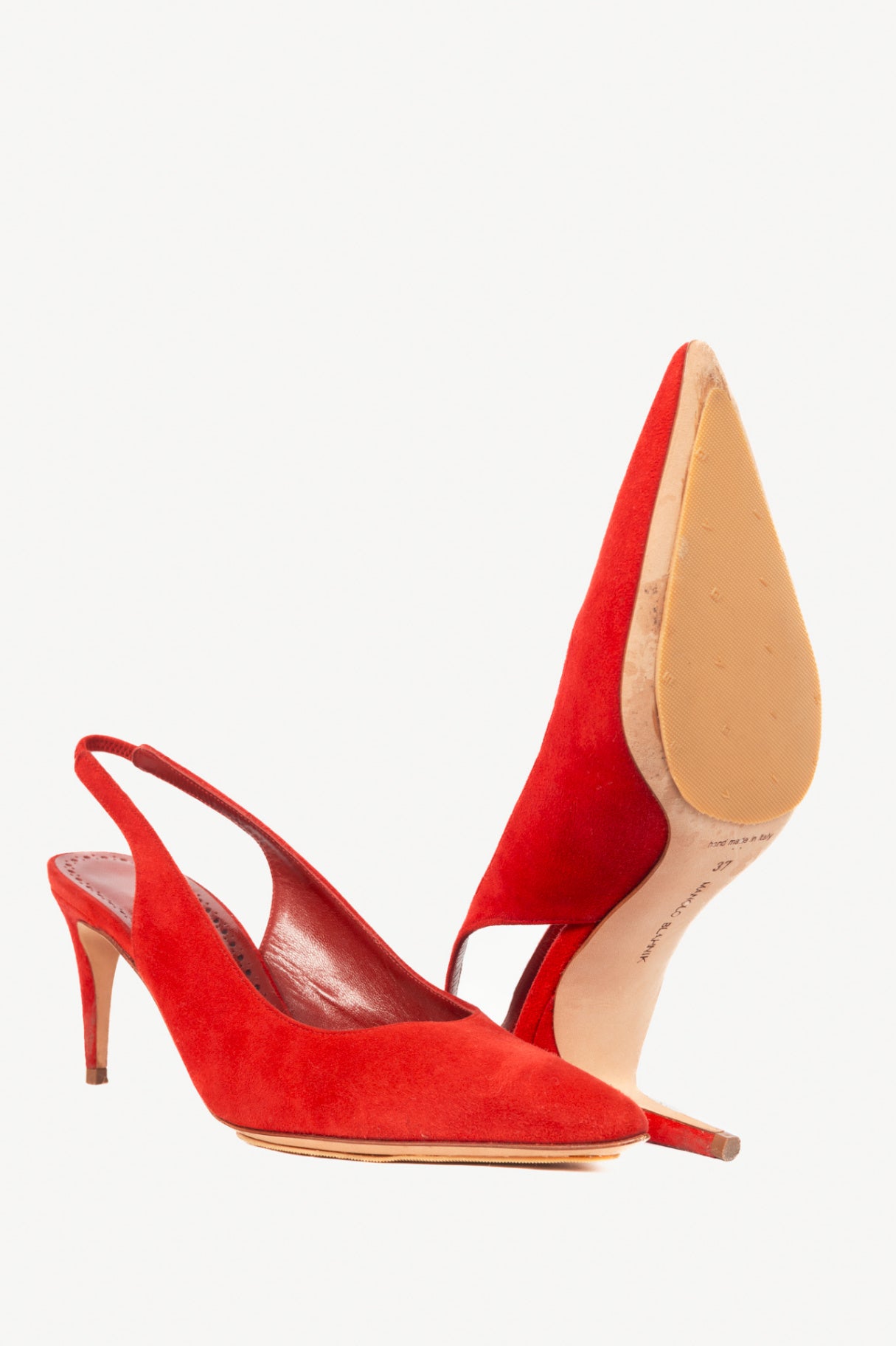 Manolo Blahnik Paledarc 70 Bright Red Suede Slingback Pointed-Toe Pumps